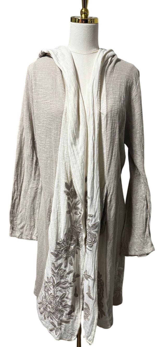 Johnny Was Biya Open Hooded Cardigan Duster Taupe Ivory Embroidered Size L
